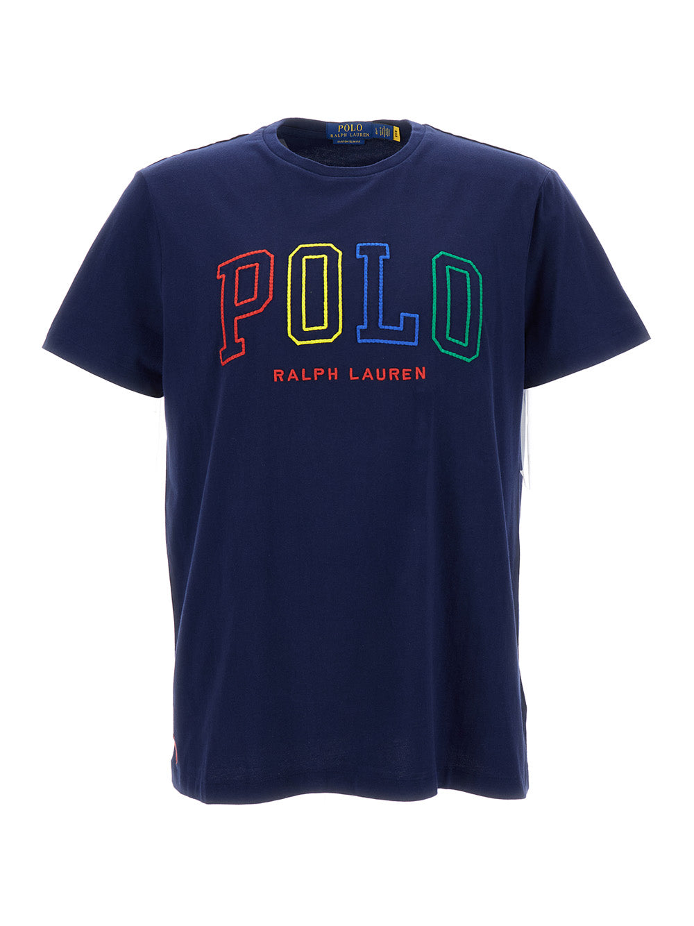 Blue Crewneck T-Shirt With Multicolor Logo Embroidery Cotton Man Blu Tshirts And Polo Shirts