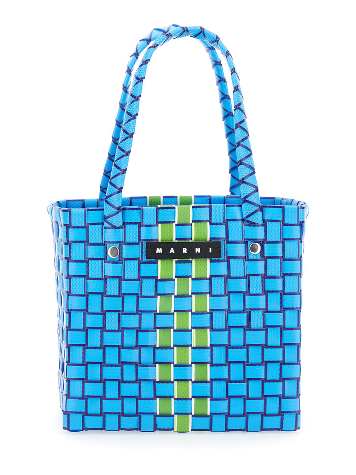 Basket Blue Bag With Logo Plaque And Intreccio-Motif Polypropylene Girl Blu Hand