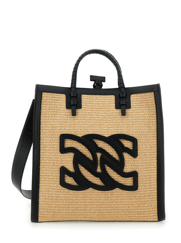 Beauriva Beige Shopper Bag With Logo Leather Blend Woman Calf Cotton Polyamide Tote