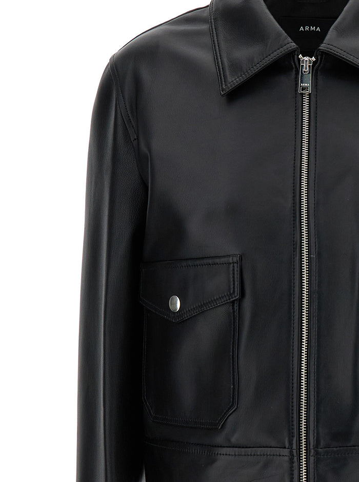 Black Collar And Zip Jacket Leather Woman Lamb