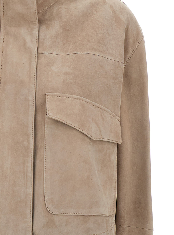 Beige High Collar Jacket Suede Leather Woman Lamb