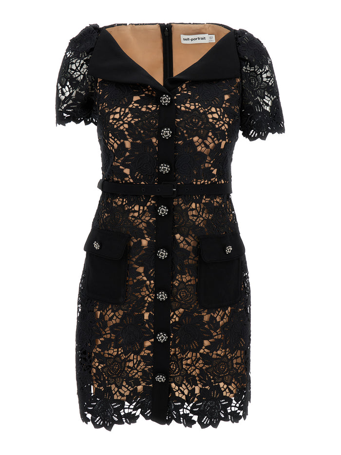 Mini Black Belted Dress With Jewel Buttons Lace Woman 100 % Cotton