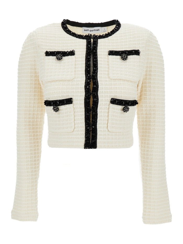 White Crop Cardigan With Beads Tweed Woman Jersey