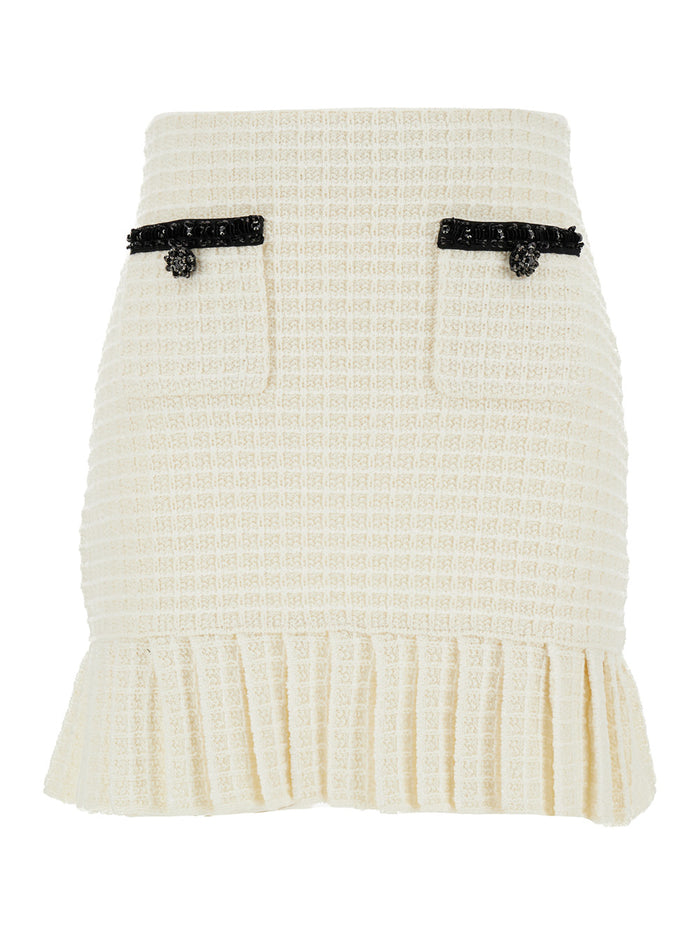 Mini White Skirt With Pleated Hem Tweed Woman 100 % Cotton