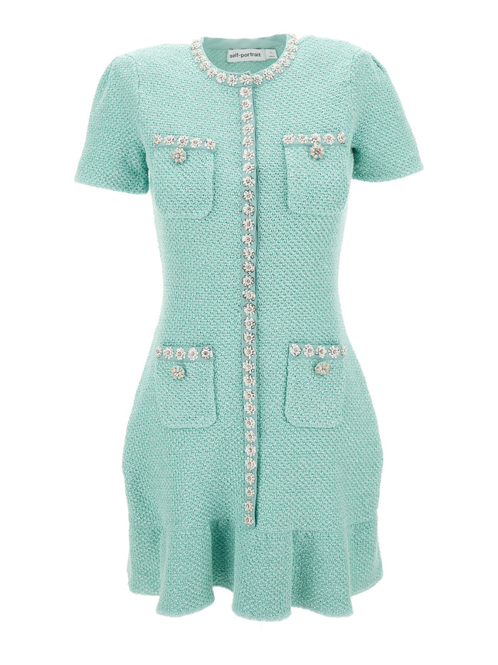 Mini Light Blue Dress With Pleated Hem And Jewel Buttons Tech Fabric Woman