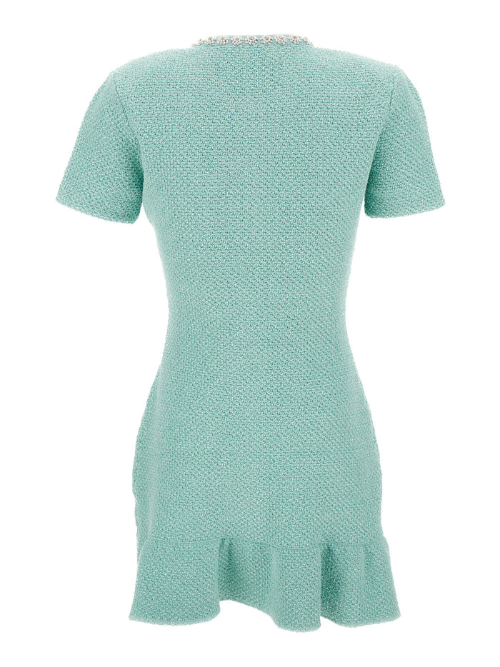 Mini Light Blue Dress With Pleated Hem And Jewel Buttons Tech Fabric Woman
