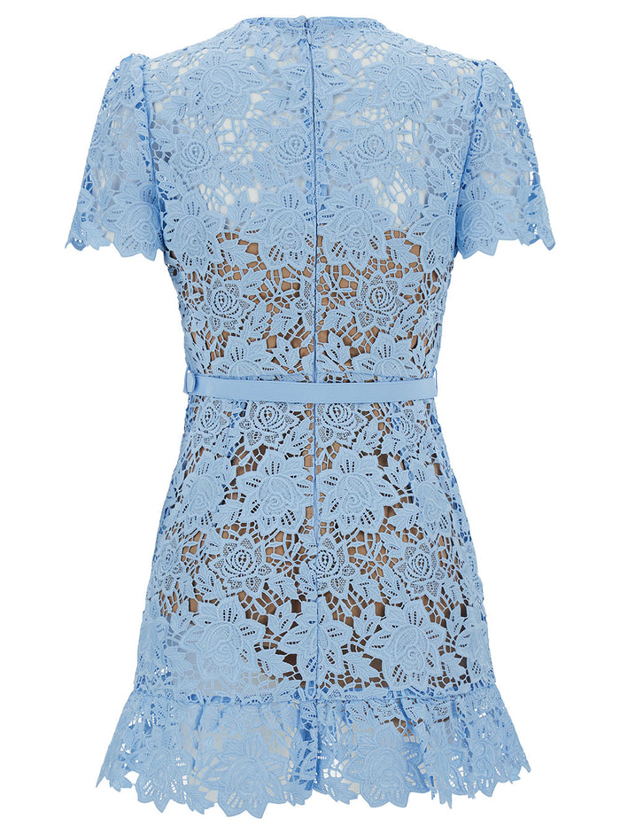 Mini Blue Dress With Jewel Buttons Lace Woman Blu