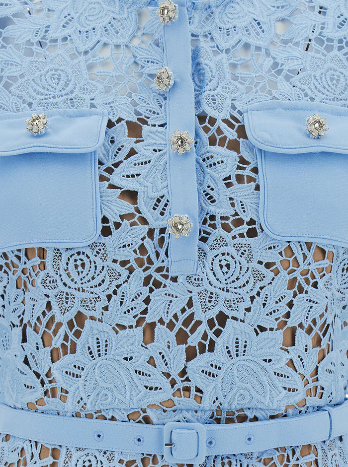 Mini Blue Dress With Jewel Buttons Lace Woman Blu