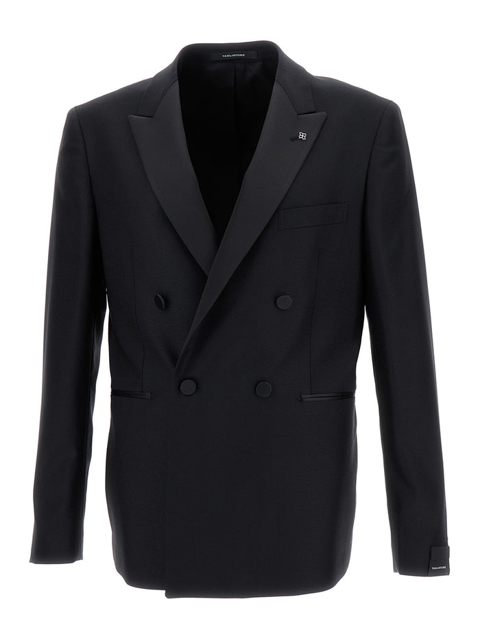Black Dion Double-Breasted Blazer Wool Man Virgin Silk Blazers