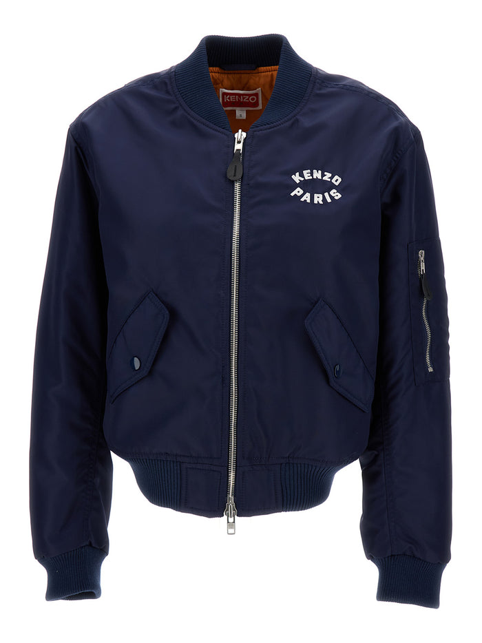 Blue Bomber Jacket With Lucky Tiger Patch Polyamide Woman Blu