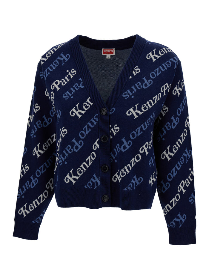 Blue Cardigan With All-Over Logo Jacquard Cotton And Wool Woman Blu Jersey