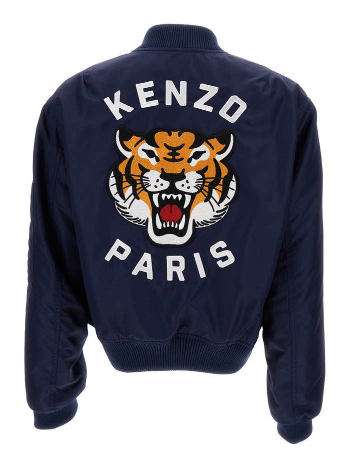 Blue Bomber Jacket With Lucky Tiger Patch Polyamide Woman Blu