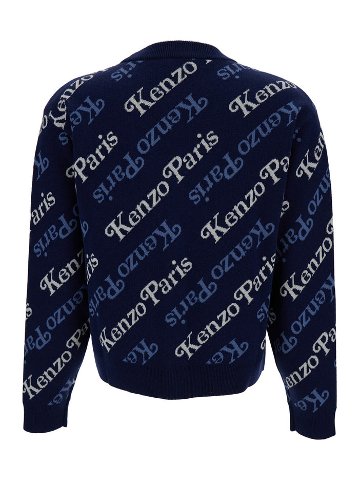 Blue Cardigan With All-Over Logo Jacquard Cotton And Wool Woman Blu Jersey