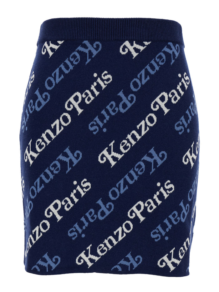 Mini Blue Skirt With All-Over Logo Jacquard Cotton And Wool Woman Blu