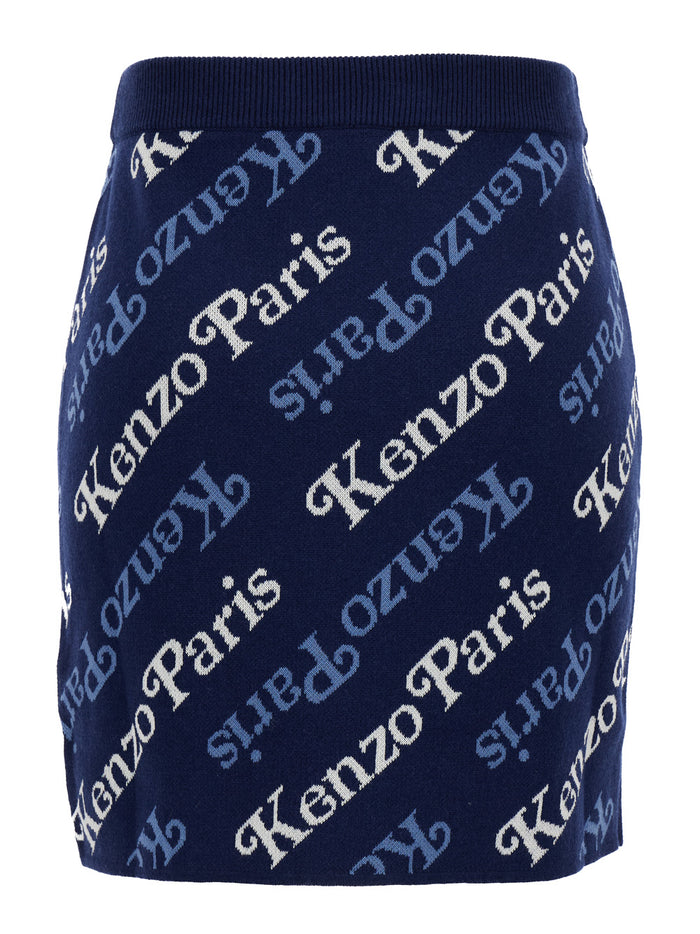 Mini Blue Skirt With All-Over Logo Jacquard Cotton And Wool Woman Blu