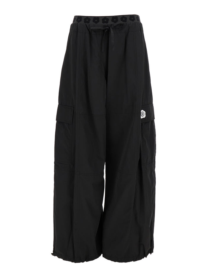 Oversized Black Cargo Pants With Boke Flowers Detail Cotton Blend Woman Polyester Trousers