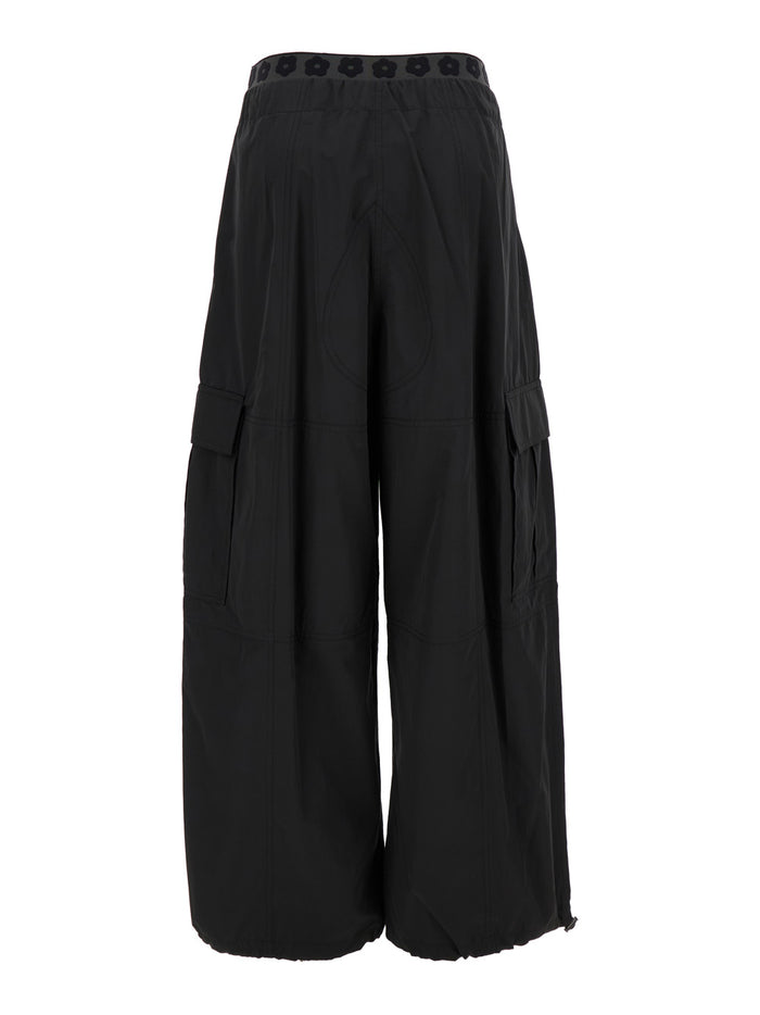 Oversized Black Cargo Pants With Boke Flowers Detail Cotton Blend Woman Polyester Trousers