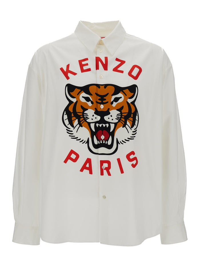 White Shirt With Lucky Tiger Print Cotton Man And Blouses