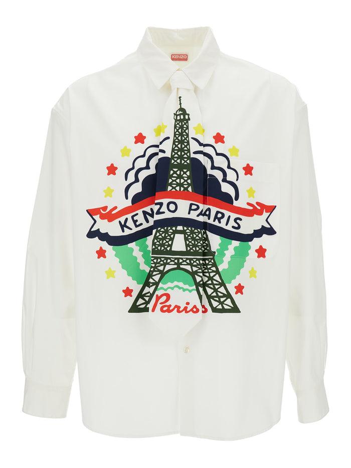 White Shirt With Tie And Kenzo Paris Print Cotton Man Blouses