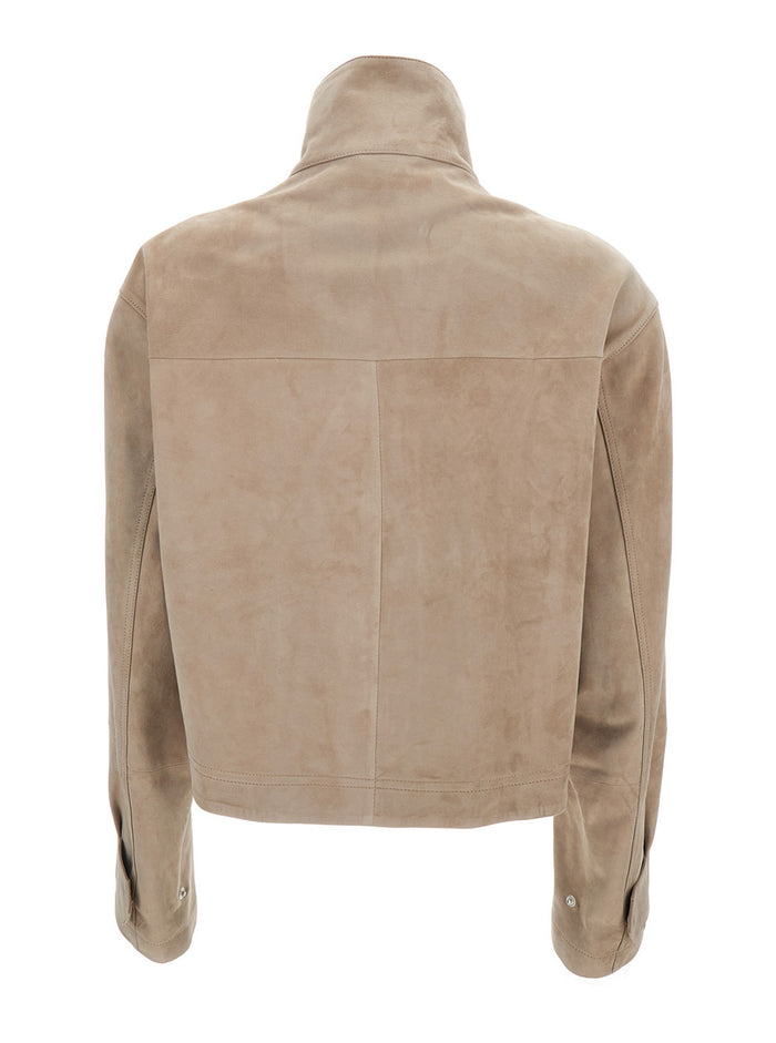 Beige High Collar Jacket Suede Leather Woman Lamb