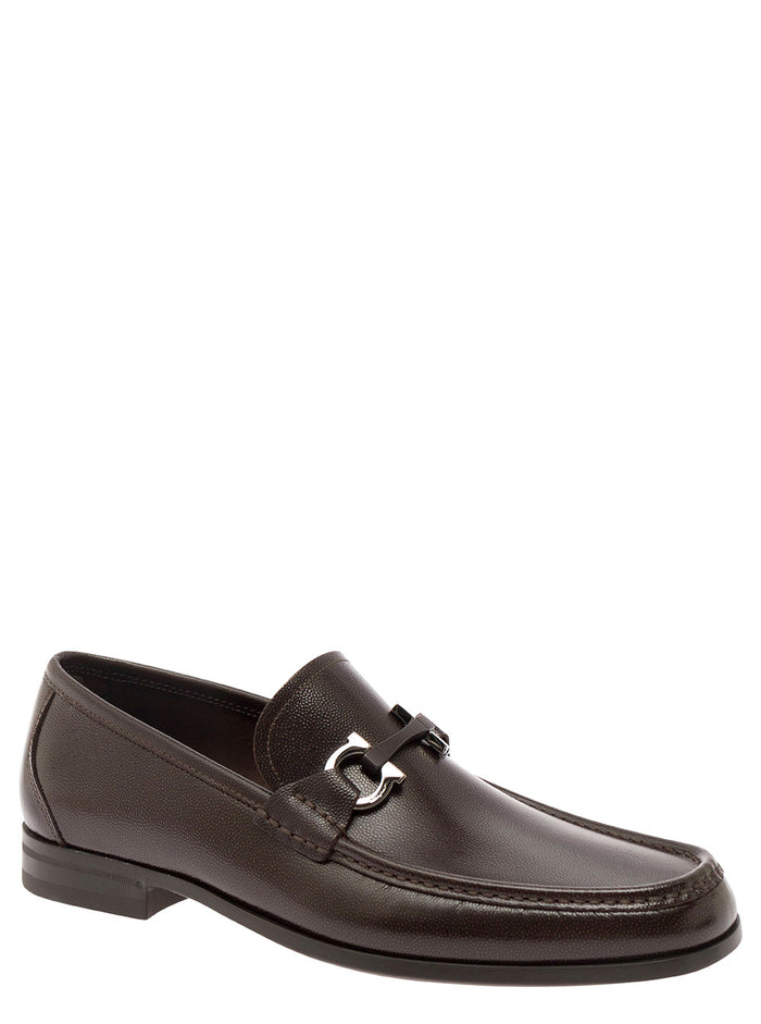 Brown Loafers Wih Gancini Detail Leather Man Calf