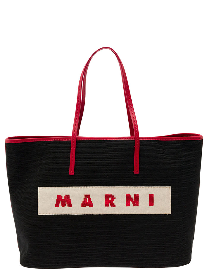 Small Janus Black Tote Bag With Logo Patch Cotton Woman