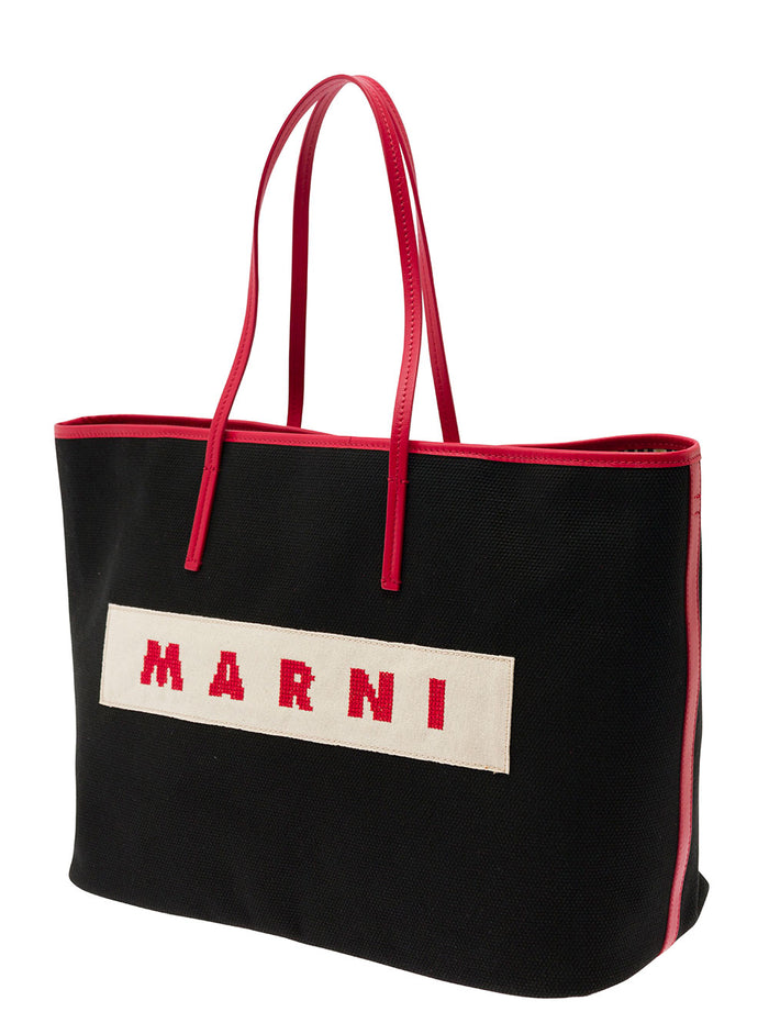 Small Janus Black Tote Bag With Logo Patch Cotton Woman