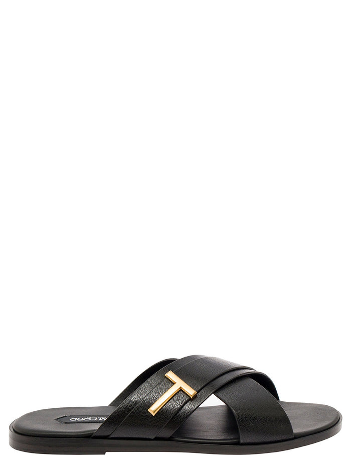 Preston Black Flat Sandals With T Detail Leather Man Shoes