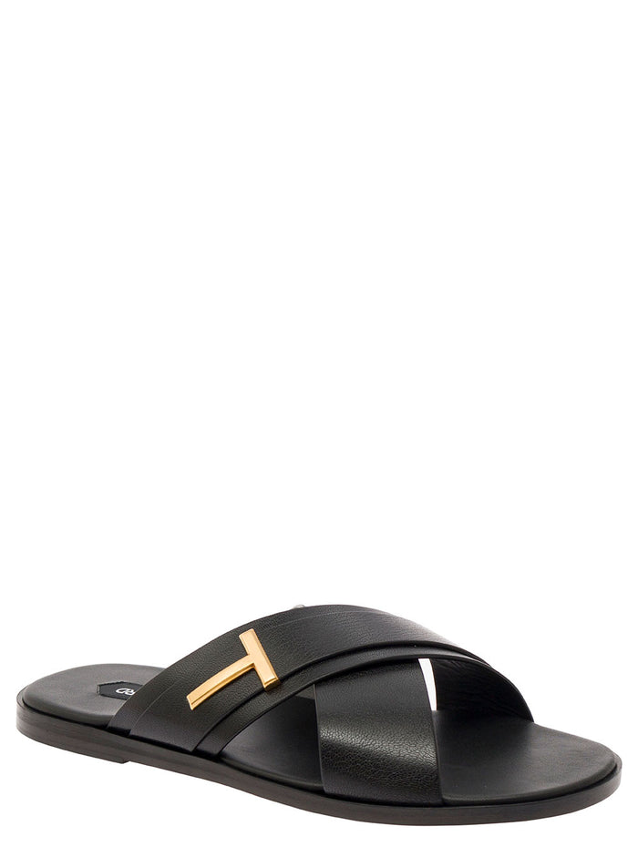 Preston Black Flat Sandals With T Detail Leather Man Shoes
