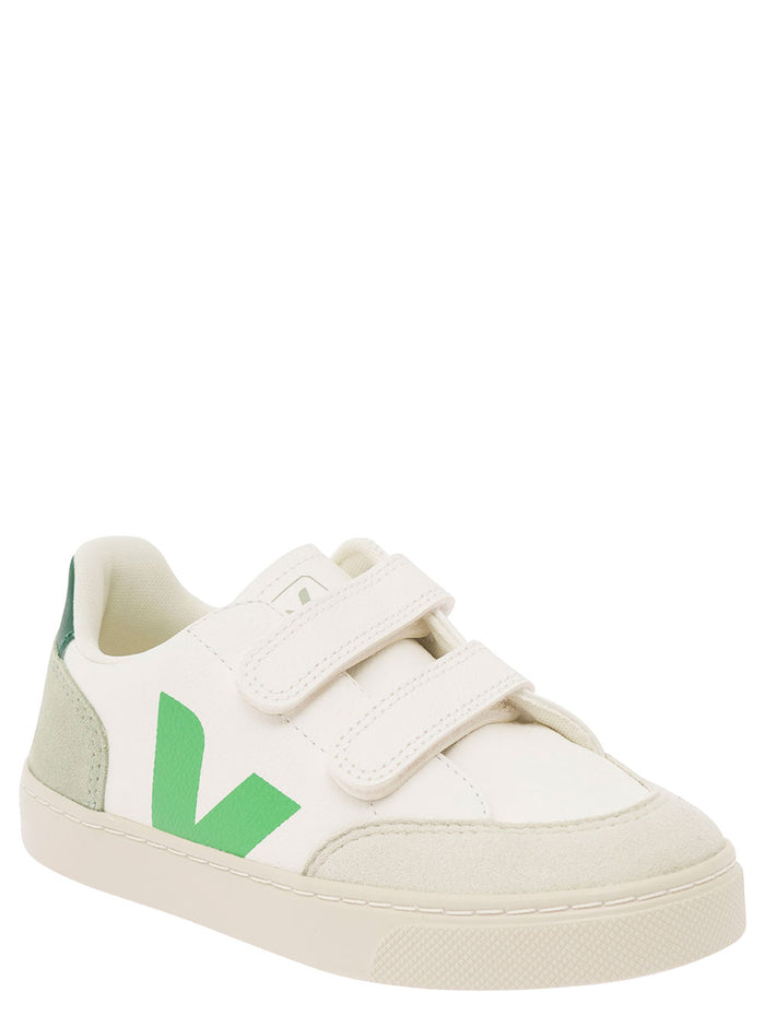 White And Green Low Top Sneakers With Logo Patch Leather Suede Boy Chromefree