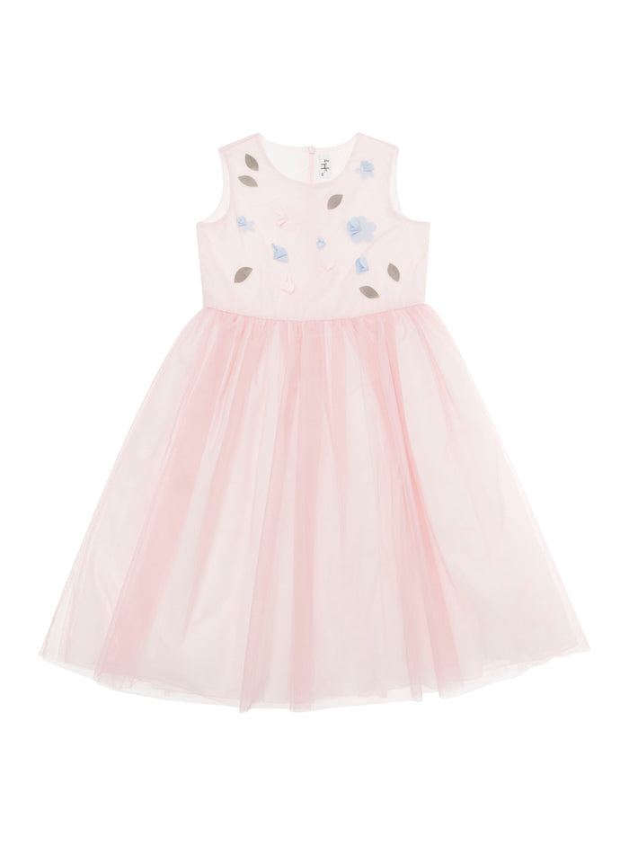 Pink Dress With Flowers Patch Tulle Girl