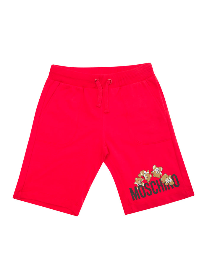 Red Shorts With Logo Print And Drawstring Cotton Boy Bermuda