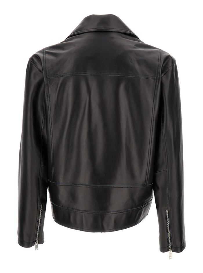 Black Biker Jacket With Zip Fastening Man Lamb