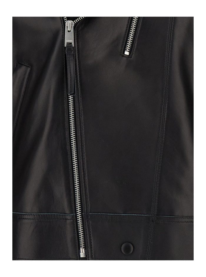Black Biker Jacket With Zip Fastening Man Lamb