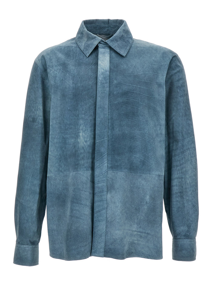 Light Blue Shirt With Hidden Fastening Suede Man Blu Lamb And Blouses
