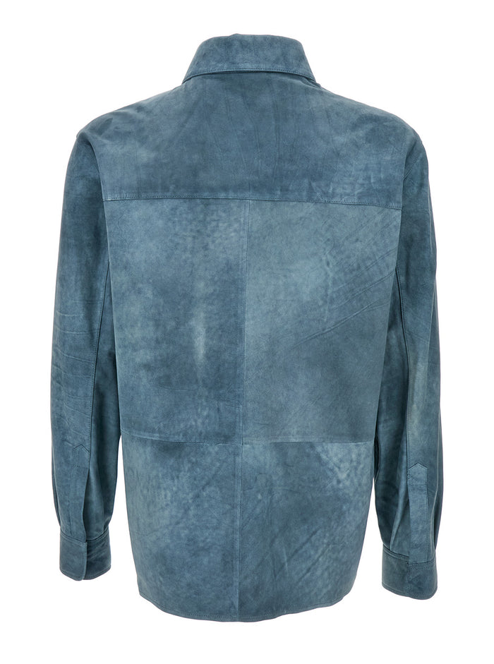 Light Blue Shirt With Hidden Fastening Suede Man Blu Lamb And Blouses