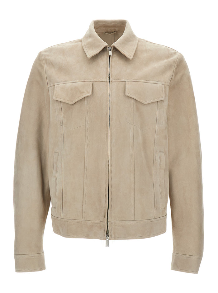 Beige Classic Collar Jacket Leather Man Ovine