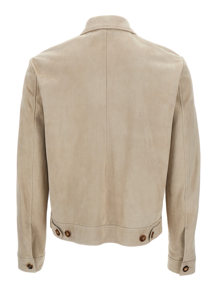 Beige Classic Collar Jacket Leather Man Ovine