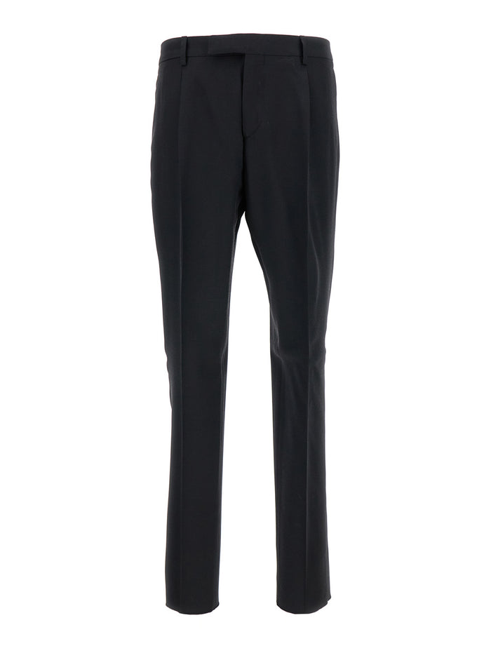 Black Straight Tailored Trousers Technical Fabric Man Viscose Wool Silk