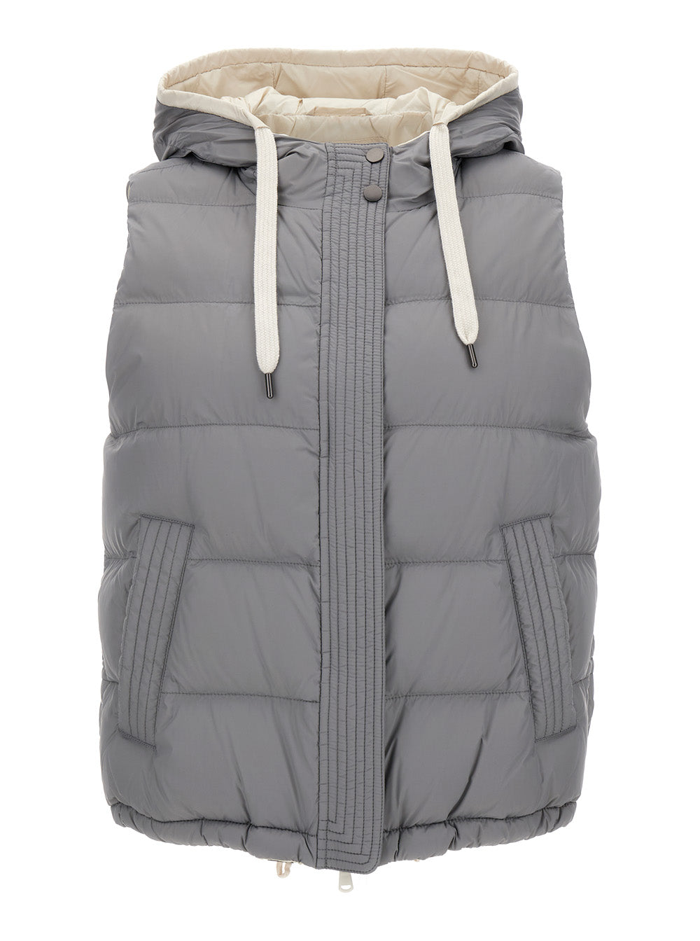 Grey Hooded Padded Gilet Technical Fabric Woman Nylon Down Jackets