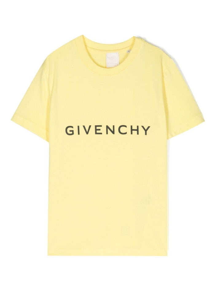 Yellow U Neckline T-Shirt With Logo Print Cotton Boy Tshirts And Polo Shirts