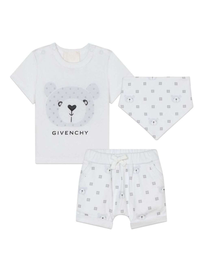 White T-Shirt, Shorts And Bandana Set With Teddy Bear Print Cotton Baby Suits