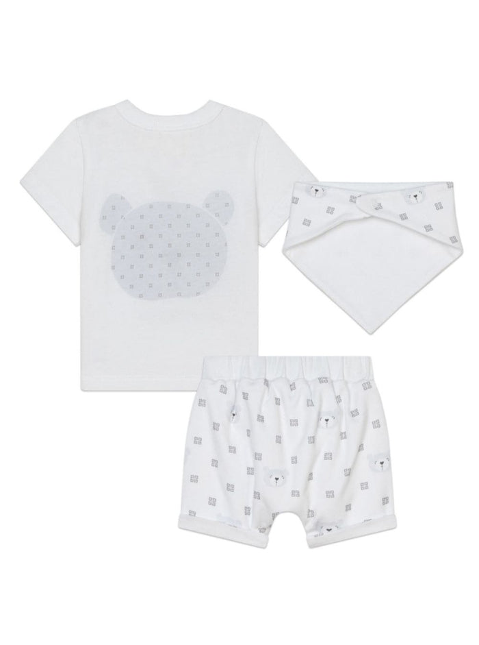 White T-Shirt, Shorts And Bandana Set With Teddy Bear Print Cotton Baby Suits