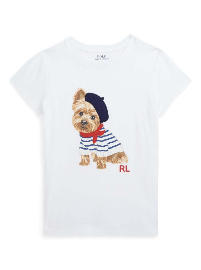 White T-Shirt With Cane Francese Print Cotton Girl Tshirts And Polo Shirts