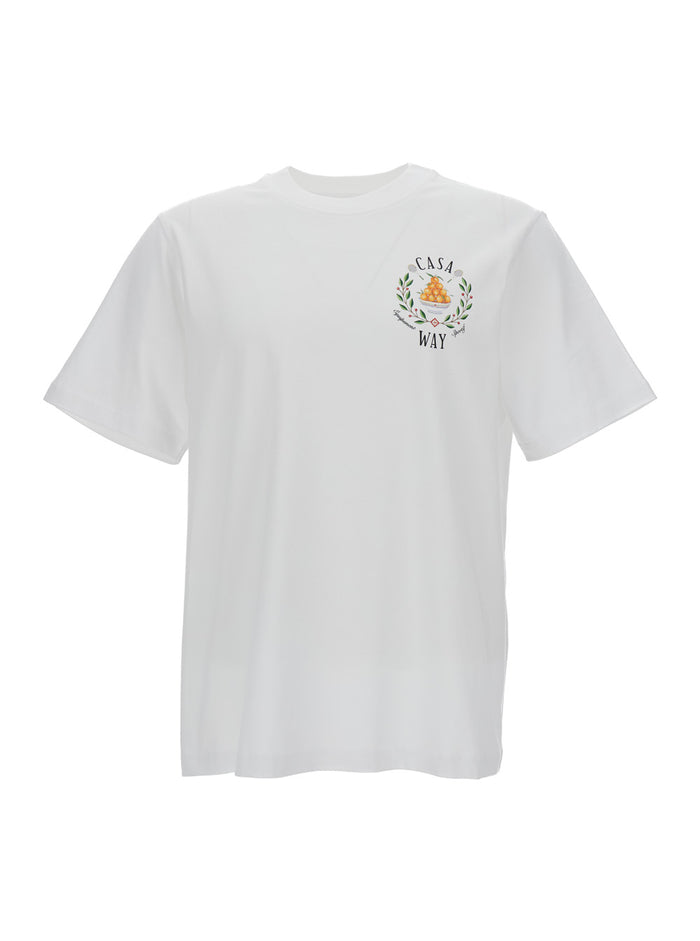 White Casa Way Crew Neck T-Shirt With Logo Print Cotton Man Organic Tshirts And Polo Shirts