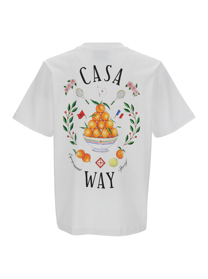 White Casa Way Crew Neck T-Shirt With Logo Print Cotton Man Organic Tshirts And Polo Shirts