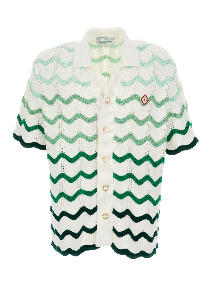 White Gradient Wave Crochet Shirt Cotton Man And Blouses