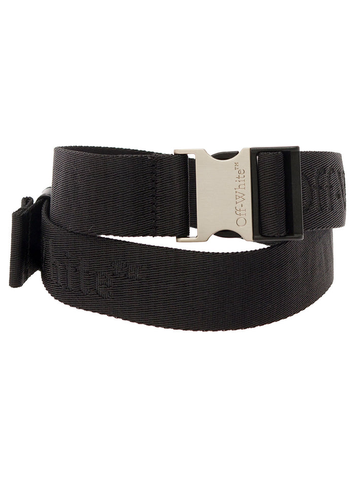 Black Tape Belt With Logo Lettering Viscose Blend Man Polyester