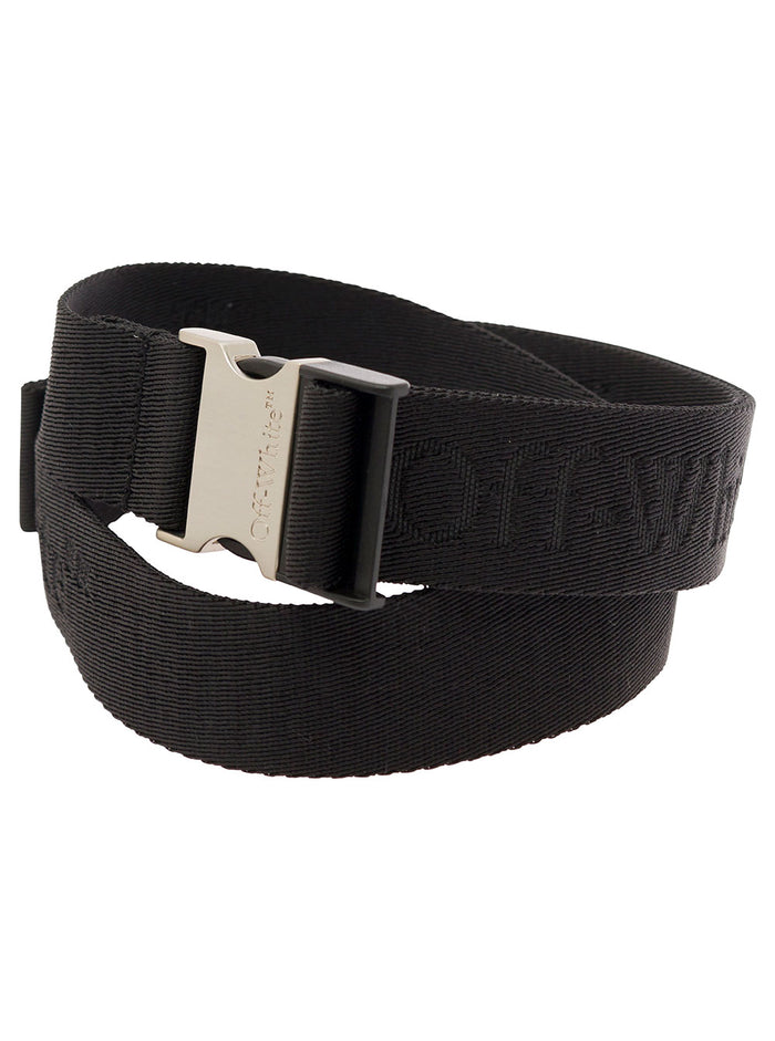 Black Tape Belt With Logo Lettering Viscose Blend Man Polyester