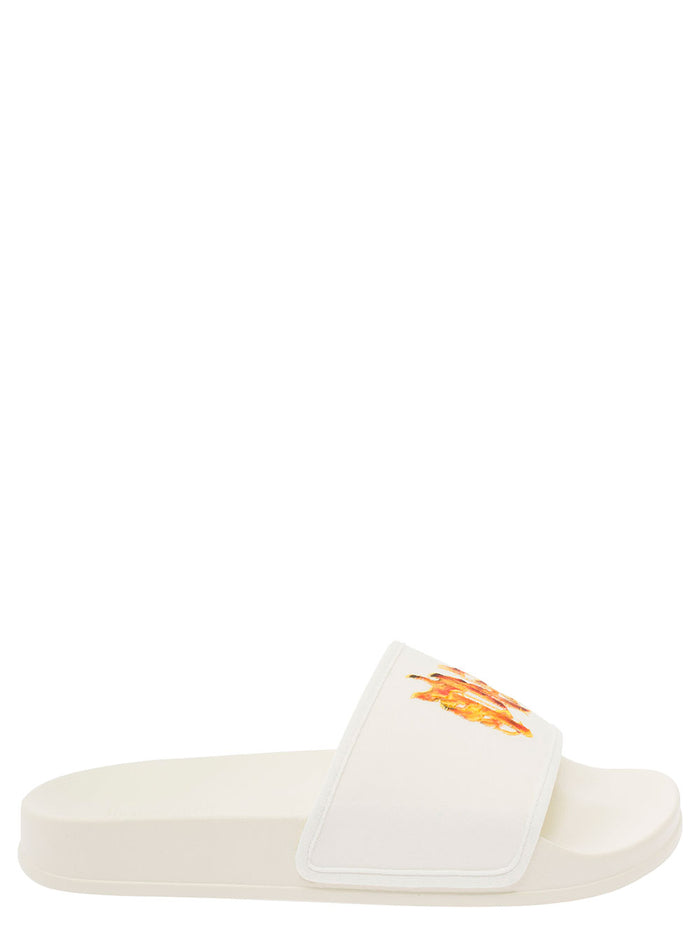 White Pool Slider With Flame Logo Detail Rubber Man Beige Polyester Flat Shoes